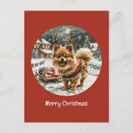 Cartão Postal Merry Christmas Pomeranian Reindeer Dog