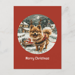 Cartão Postal Merry Christmas Pomeranian Reindeer Dog
