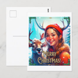 CARTÃO POSTAL MERRY CHRISTMAS REINDEER COM GAROTA FELIZ