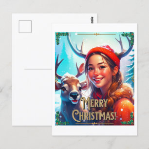 CARTÃO POSTAL MERRY CHRISTMAS REINDEER COM GAROTA FELIZ