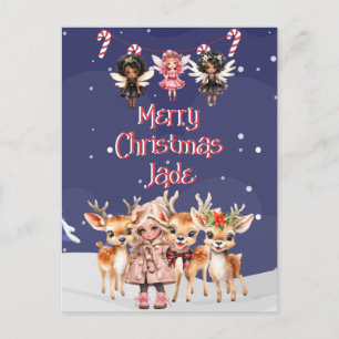 Cartão Postal Merry Christmas Reindeer Peppermint Fada com Nome