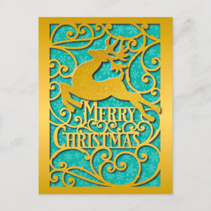 Cartão Postal Merry Christmas Reindeer Silhouettes Snowflake