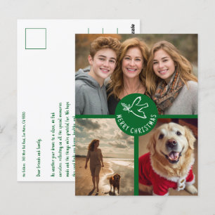 Cartão Postal MERRY CHRISTMAS Simple Dove CUSTOM 3 PHOTO Holiday