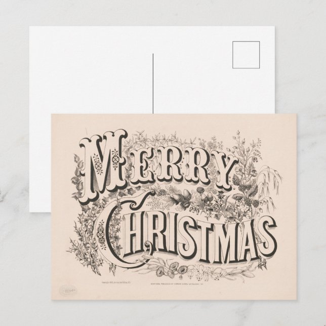 Cartão Postal Merry Christmas, Vintage Currier & Ives Print (Frente/Verso)