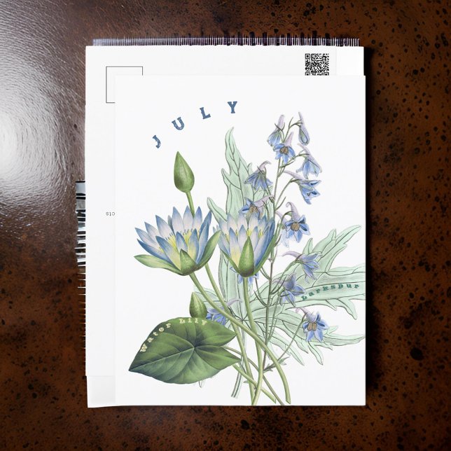 Cartão Postal Mês de julho Larkspur e Water Lily | (Criador carregado)