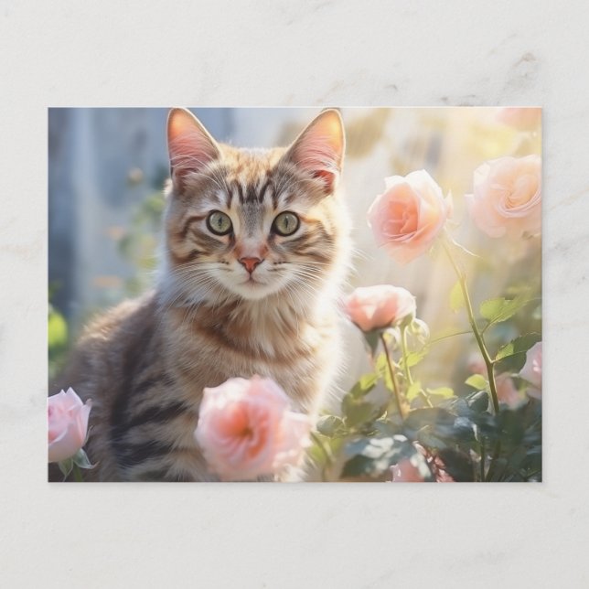 Cartão Postal Mês de Nascimento Rosas e Gato de Junho (Frente)