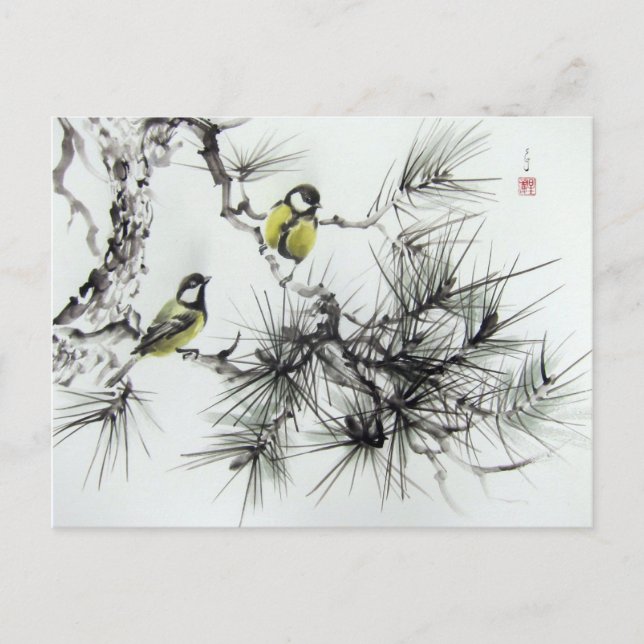 Cartão Postal Mésanges aquarelle chinoise (Frente)