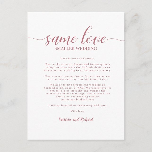 Cartão Postal Mesmo Amor Casamento Downsized Rosa Dourado (Frente)