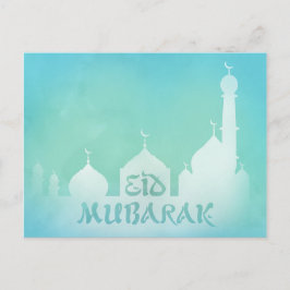 Cartão Postal Mesquita de Eid Mubarak Blue Watercolor - Cartão-p
