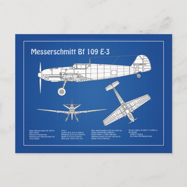 Cartão Postal Messerschmitt Bf 109 - Airplane Blueprint ABD (Frente)