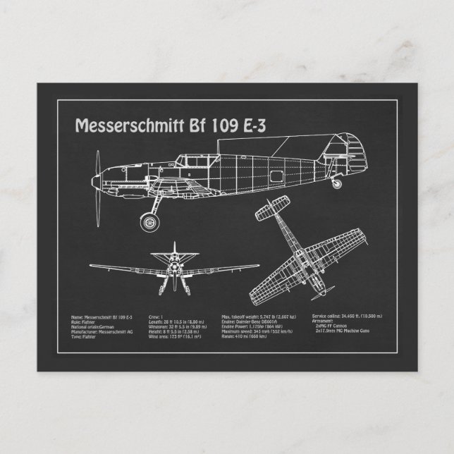 Cartão Postal Messerschmitt Bf 109 - Airplane Blueprint PD (Frente)