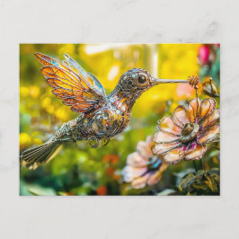 Cartão Postal Metal Hummingbird in Flight on flower
