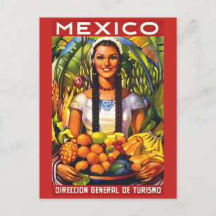 Cartão Postal México, mulher sorridente com frutas trópicas, saf