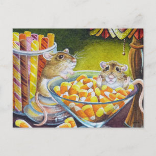 Cartão Postal Mice Candy Sticks Candy Corn Watercolor Art