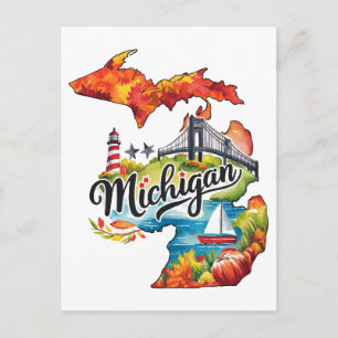 Cartão Postal Michigan EUA Estado Formato Aquarela Vintage