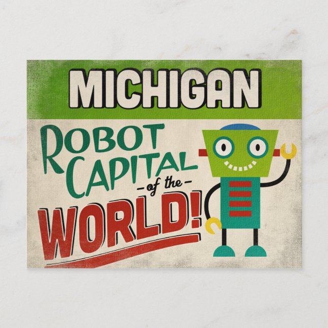 Cartão Postal Michigan Robot - Funny Vintage (Frente)