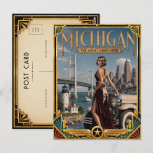 Cartão Postal Michigan Vintage Art Deco Era de Ouro