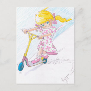 Cartão Postal Micro Patinete de Microscooter Rapariga de Cartoon