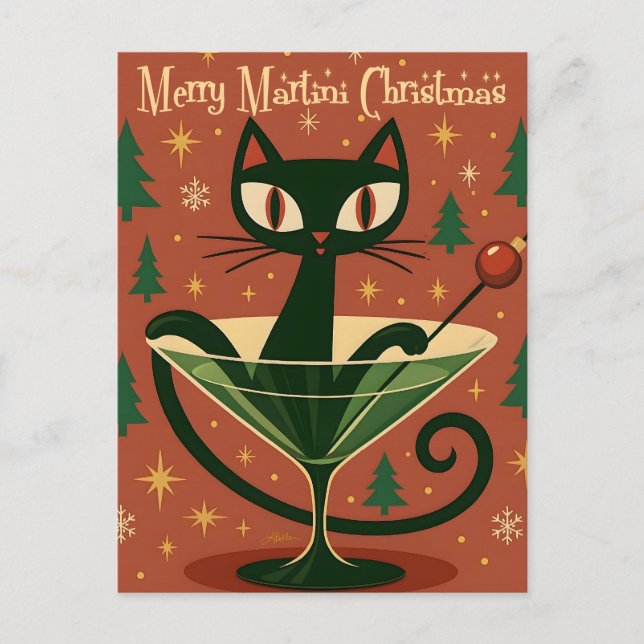 Cartão Postal Mid Century Black Cat Merry Martini Christmas (Frente)
