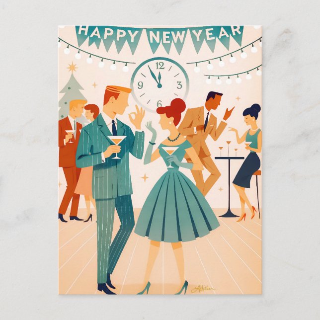 Cartão Postal Mid Century Happy New Year The Martini Dance (Frente)
