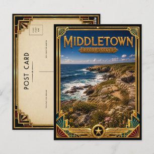 Cartão Postal Middletown Rhode Island Arte Deco Vintage Dourado