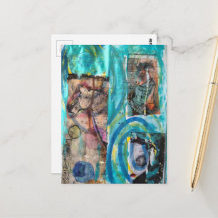 Cartão Postal Mídia Mista Única de Cavalo, Burro e Boneca Retrô