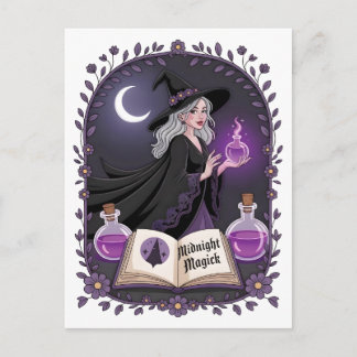 Cartão Postal Midnight Magick Illustration of a Young Witch