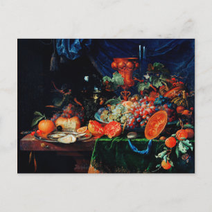 Cartão Postal Mignon - Frutas e ostras, pintura de arte