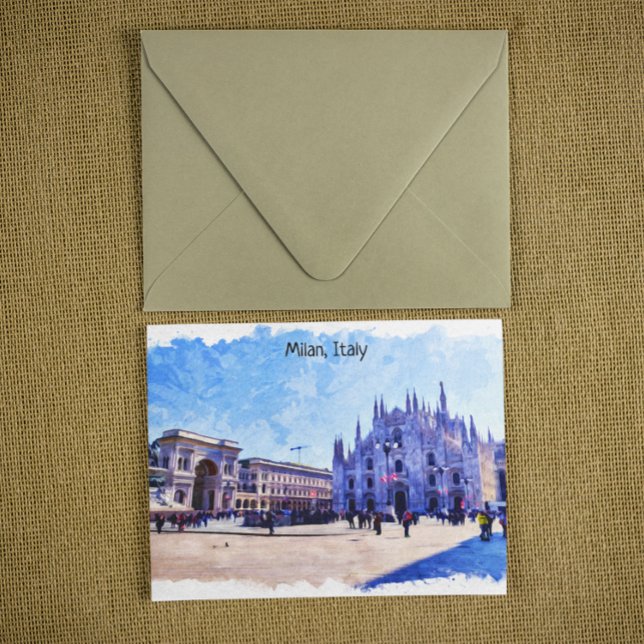 Cartão Postal Milan Itália Catedral Panorama View (Milan Italy Piazza watercolor postcard)