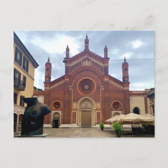 Cartão Postal Milano, Itália - antiga igreja, tijolos vermelhos (Frente)