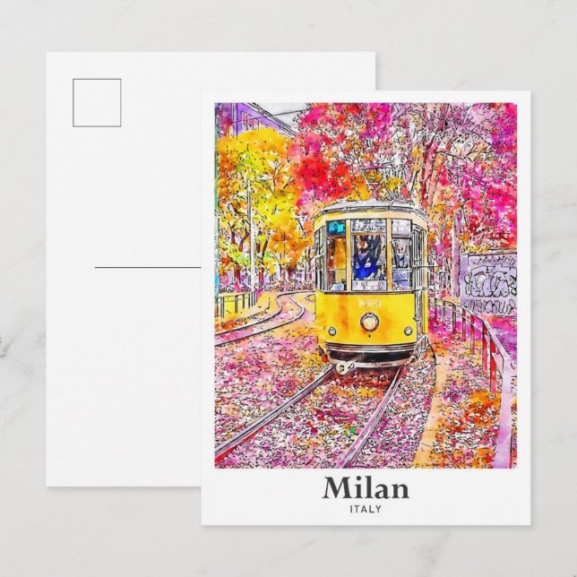 Cartão Postal Milão Itália Viagem Watercolor, Desenhado (Frente/Verso)