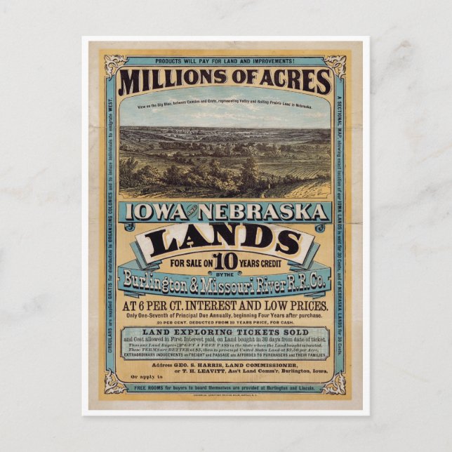 Cartão Postal Milhões de acres. Iowa e Nebraska 1872 (Frente)