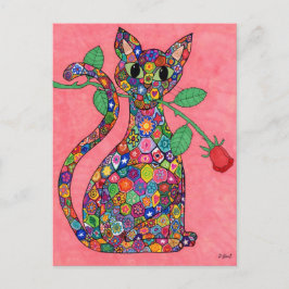 Cartão Postal Millefiori Cat com Rosa vermelha