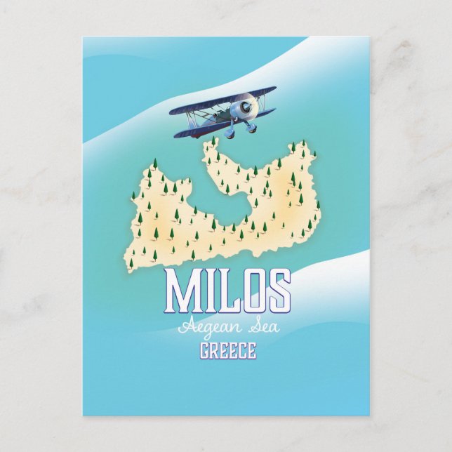Cartão Postal Milos, ilha grega Mapa arte de poster de viagem. (Frente)