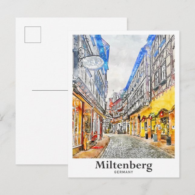 Cartão Postal Miltenberg Alemanha Viagem Watercolor Hand Drawn (Frente/Verso)