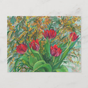Cartão Postal Mimosa e Tulipas, Flores de primavera, Pintura Flo