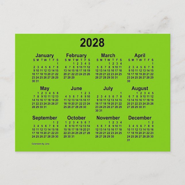 Cartão Postal Mini Calendário Amarelo Verde 2028 por Janz (Frente)