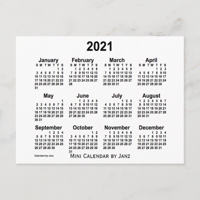 Cartão Postal Mini calendário branco 2021 por Janz (Frente)