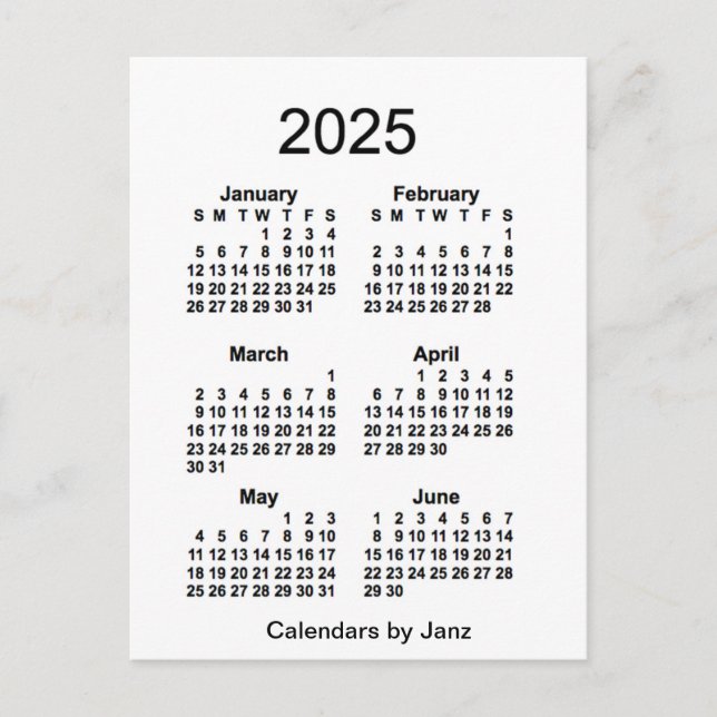Cartão Postal Mini calendário branco 2025 de 6 meses por Janz (Frente)