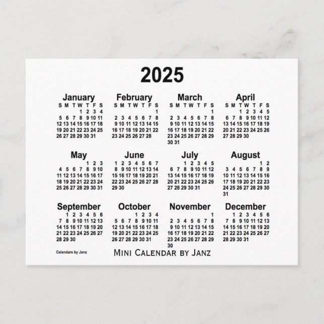 Cartão Postal Mini calendário branco 2025 por Janz (Frente)