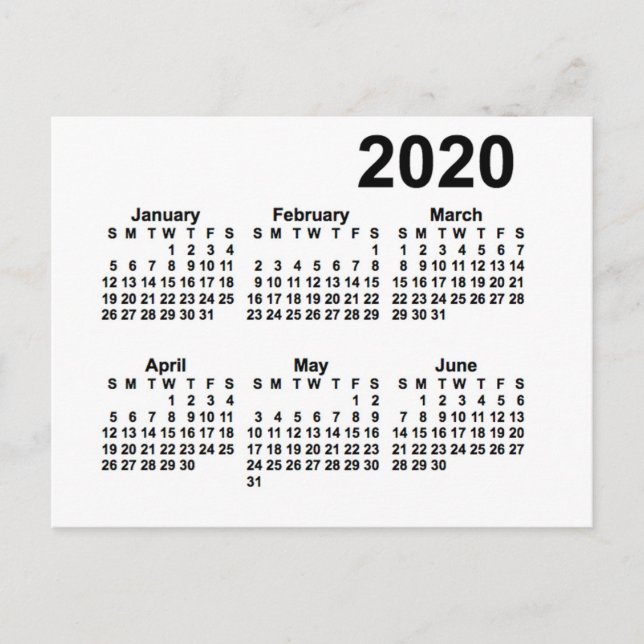Cartão Postal Mini Calendário Branco de 6 Meses de 2020 por Janz (Frente)
