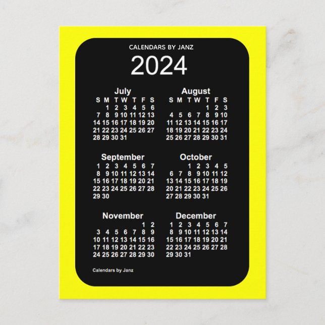 Cartão Postal Mini Calendário de 2024 Neon Amarelo 6 Meses por J (Frente)