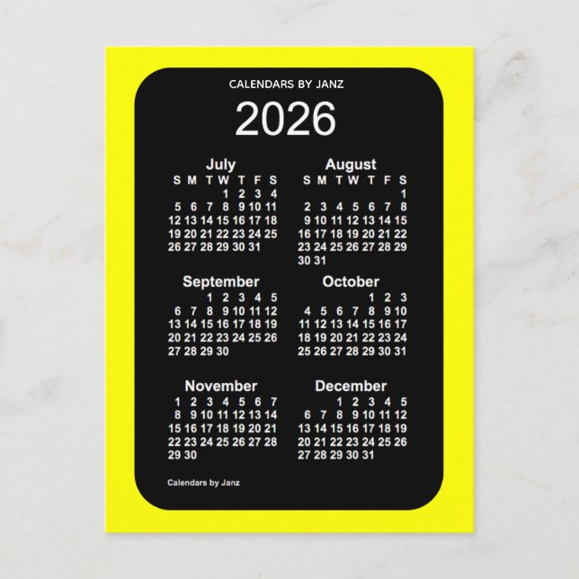 Cartão Postal Mini calendário de 2026 Yellow Neon 6 Meses por Ja (Frente)