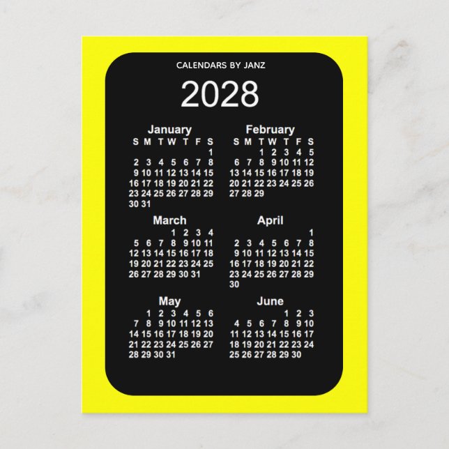 Cartão Postal Mini calendário de 2028 Neon Amarelo 6 meses por J (Frente)