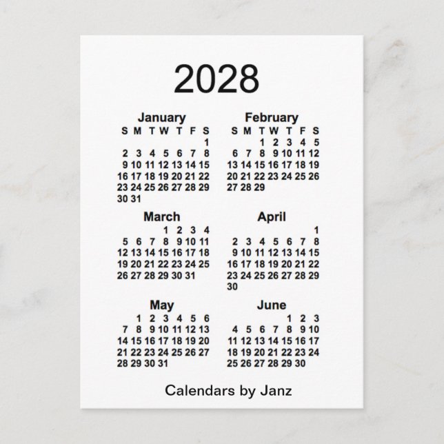 Cartão Postal Mini calendário de 6 meses branco 2028 por Janz (Frente)