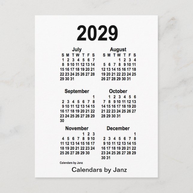 Cartão Postal Mini calendário de 6 meses branco 2029 por Janz (Frente)