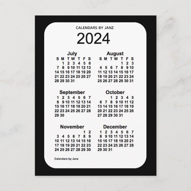 Cartão Postal Mini calendário de 6 meses preto 2024 por Janz (Frente)