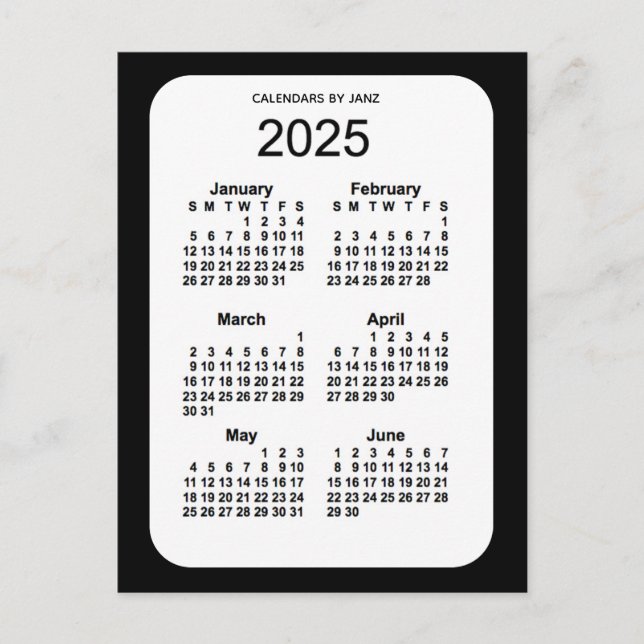 Cartão Postal Mini calendário de 6 meses preto 2025 por Janz (Frente)
