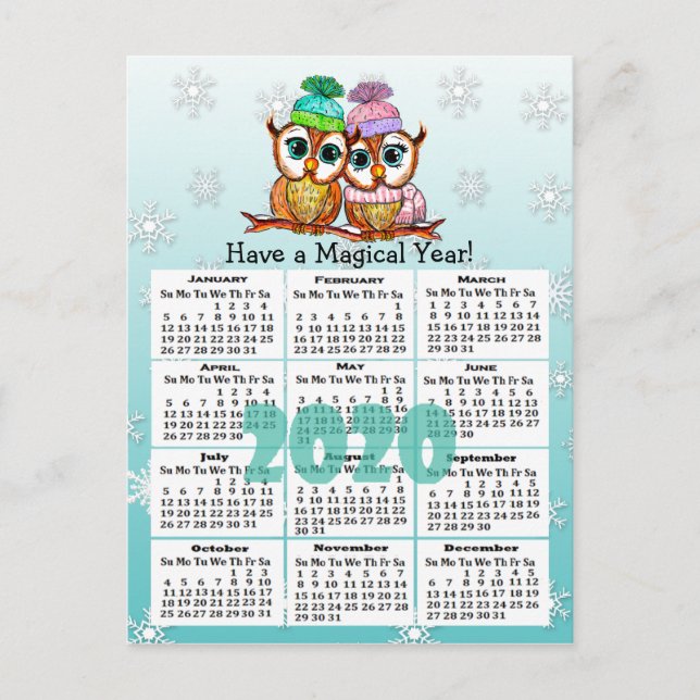 Cartão Postal Mini Calendário De Corujas Whimsical 2020 (Frente)