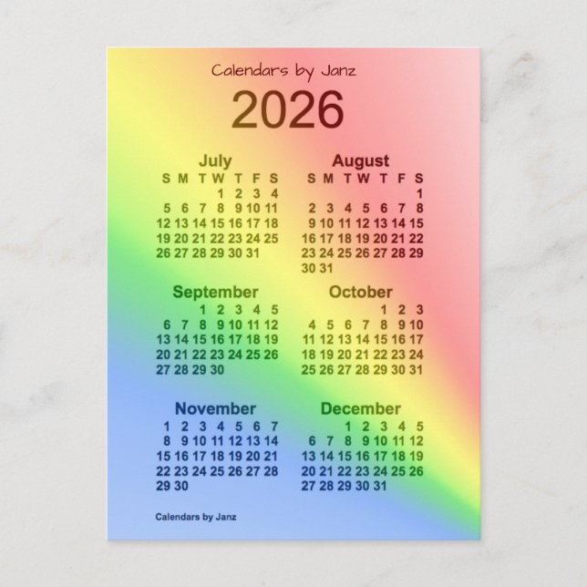 Cartão Postal Mini calendário do Rainbow 2026 por 6 meses por Ja (Frente)